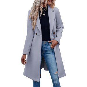 Womens Grey  Pea Notched Lapel Double Breasted Business Casual Trench Coats